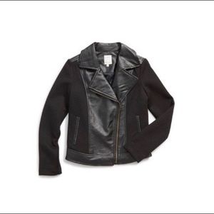 Black faux leather with quilted fabric sleeves